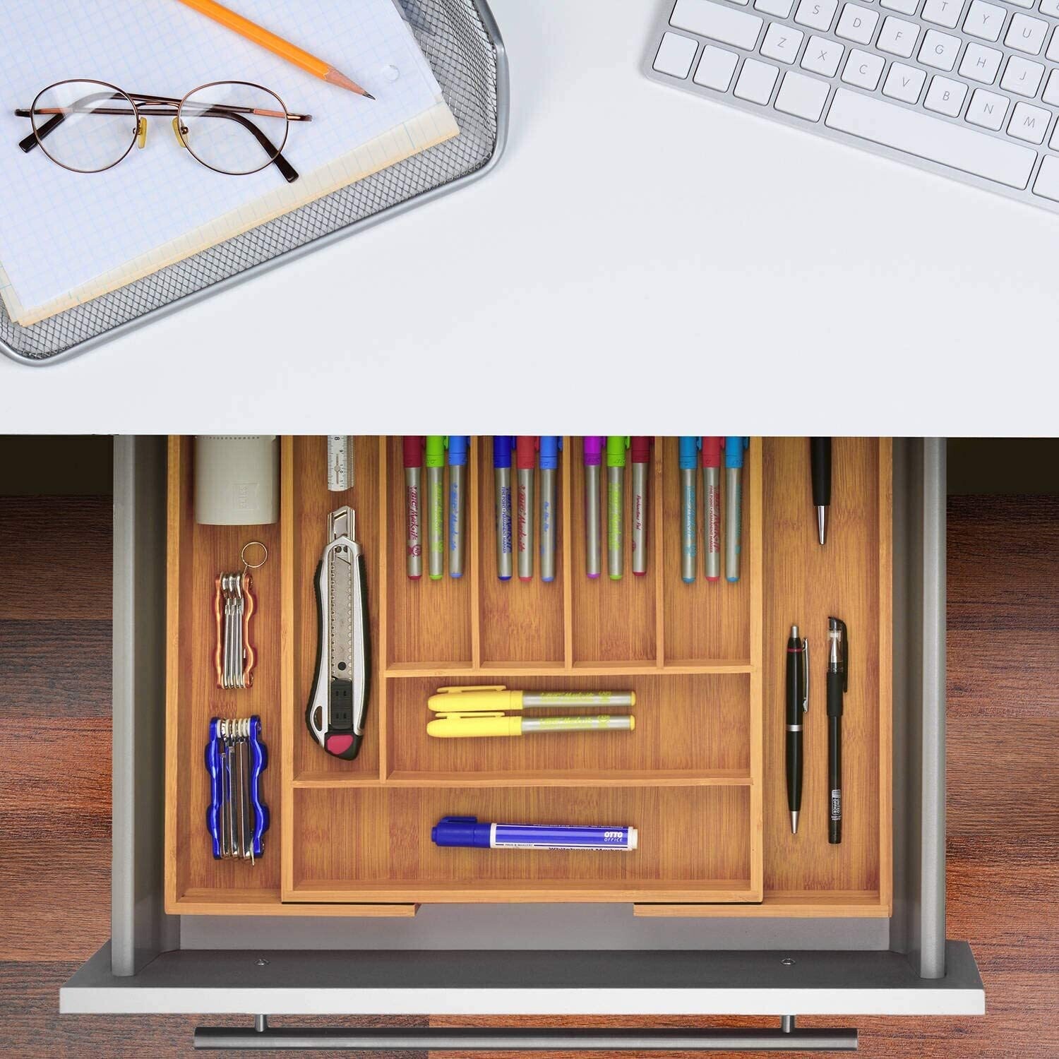 Bamboo Wood Drawer Insert – 7-9 Compartments Flexible Organiser System, Expandable Drawer Organiser for Kitchen, Office, and Home Storage