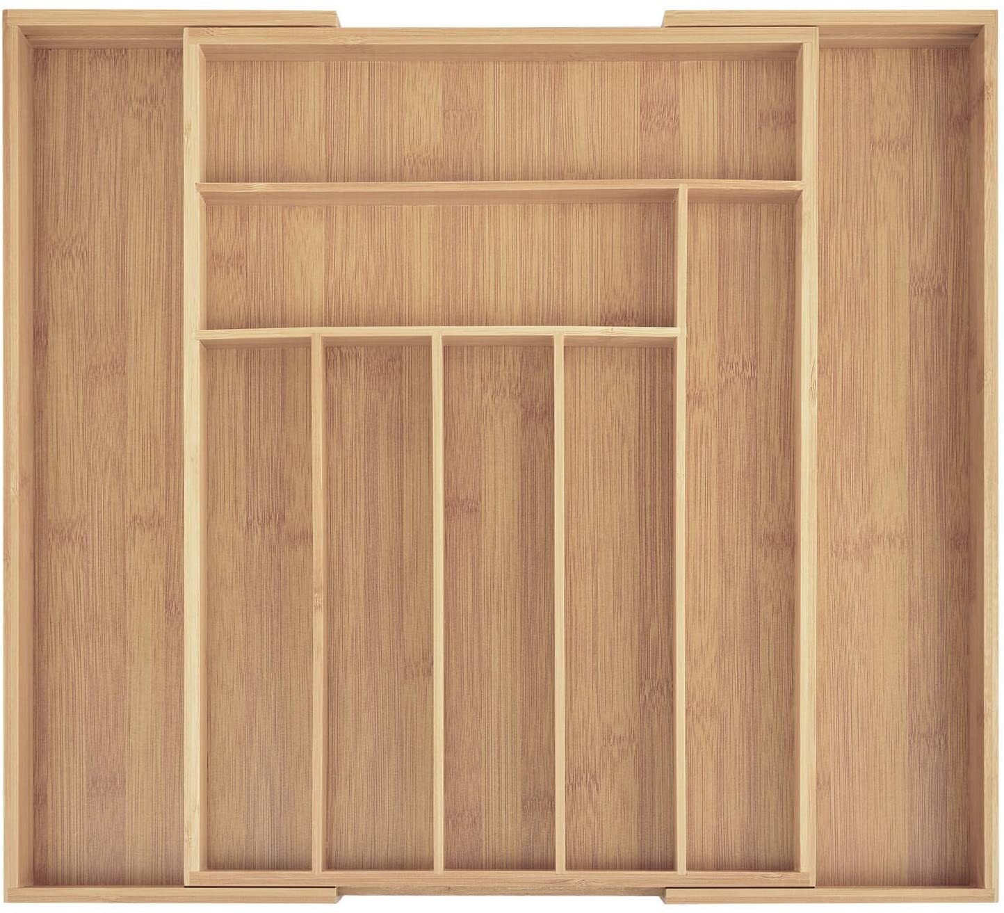 Bamboo Wood Drawer Insert – 7-9 Compartments Flexible Organiser System, Expandable Drawer Organiser for Kitchen, Office, and Home Storage