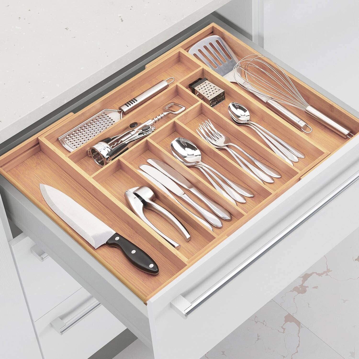Bamboo Wood Drawer Insert – 7-9 Compartments Flexible Organiser System, Expandable Drawer Organiser for Kitchen, Office, and Home Storage