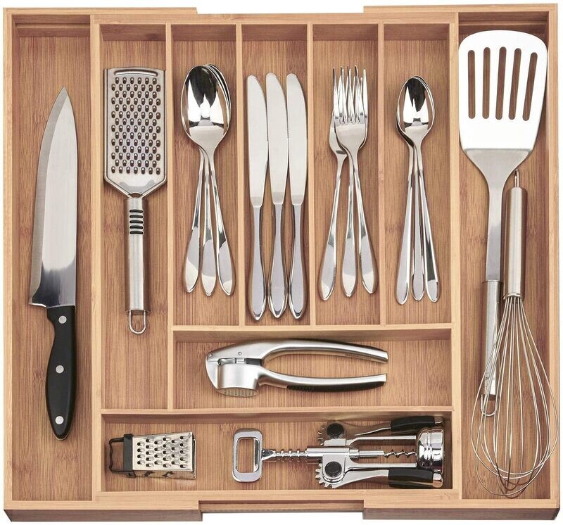 Bamboo Wood Drawer Insert – 7-9 Compartments Flexible Organiser System, Expandable Drawer Organiser for Kitchen, Office, and Home Storage