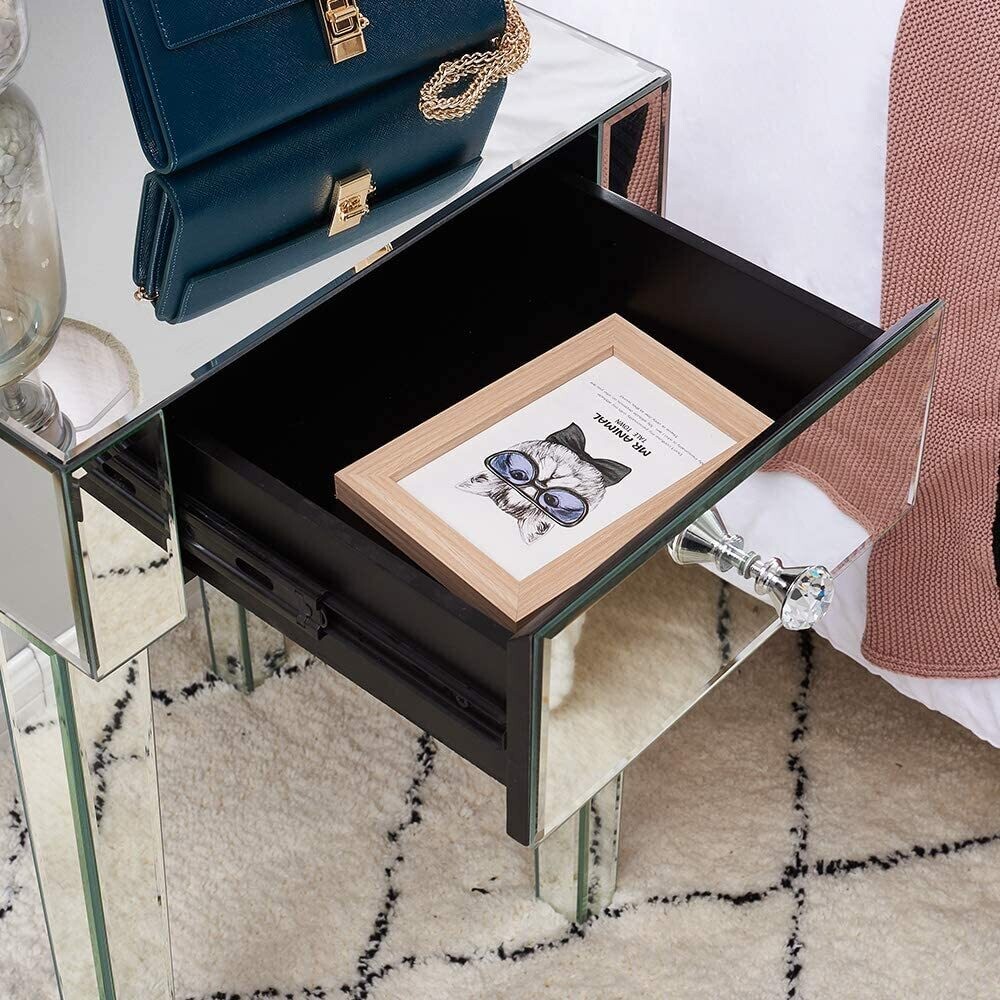 Glass Bedside Cabinet with 1 Drawer, Modern Nightstand with Stylish Storage for Bedroom