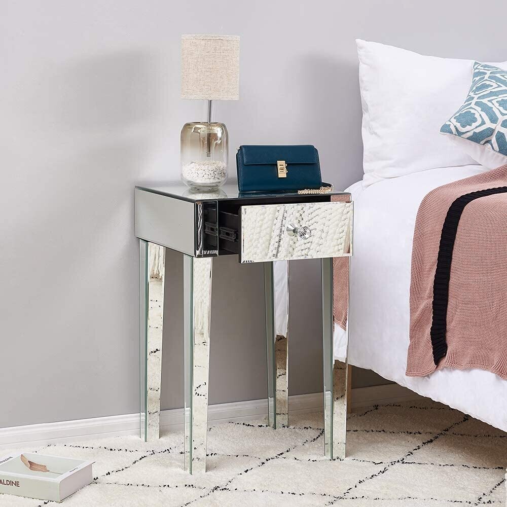 Glass Bedside Cabinet with 1 Drawer, Modern Nightstand with Stylish Storage for Bedroom