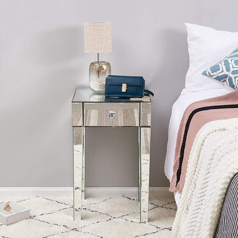 Glass Bedside Cabinet with 1 Drawer, Modern Nightstand with Stylish Storage for Bedroom