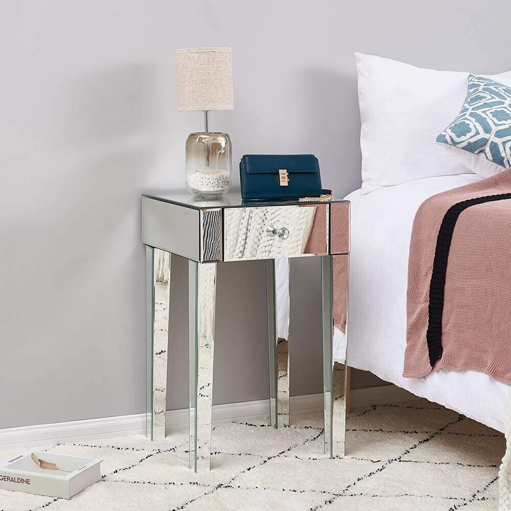 Glass Bedside Cabinet with 1 Drawer, Modern Nightstand with Stylish Storage for Bedroom