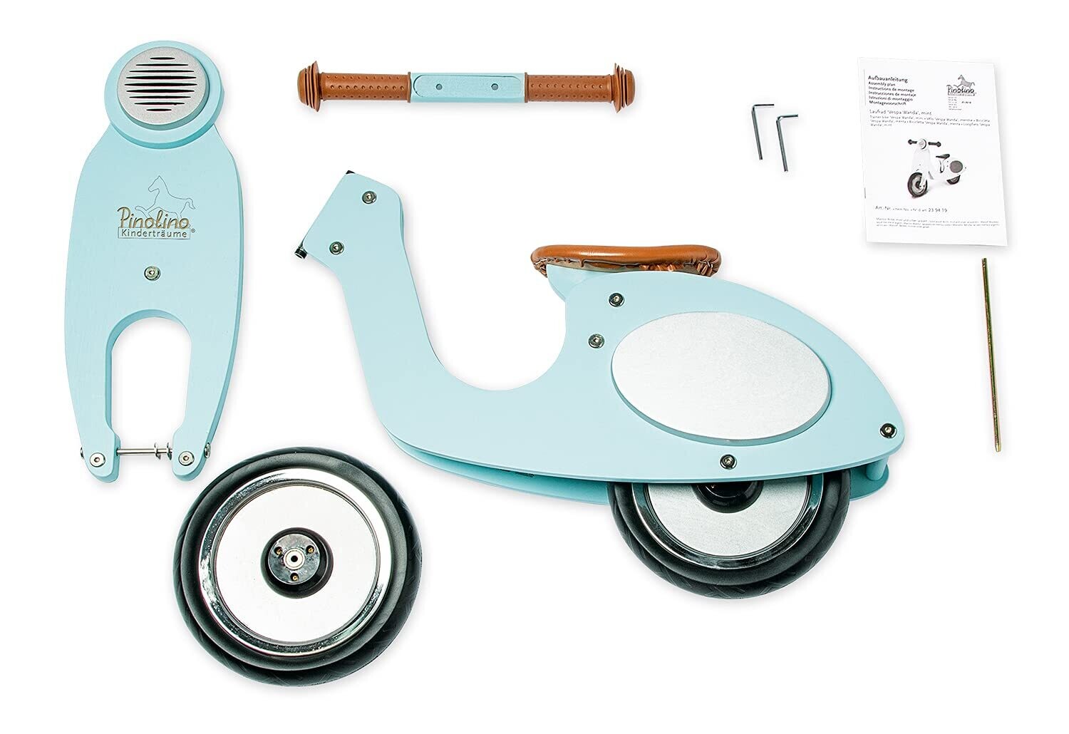Balance Bike Vespa Wanda, Wood, Three-way Height-Adjustable Saddle, Flat Tires, for Kids Ages 3 to 5