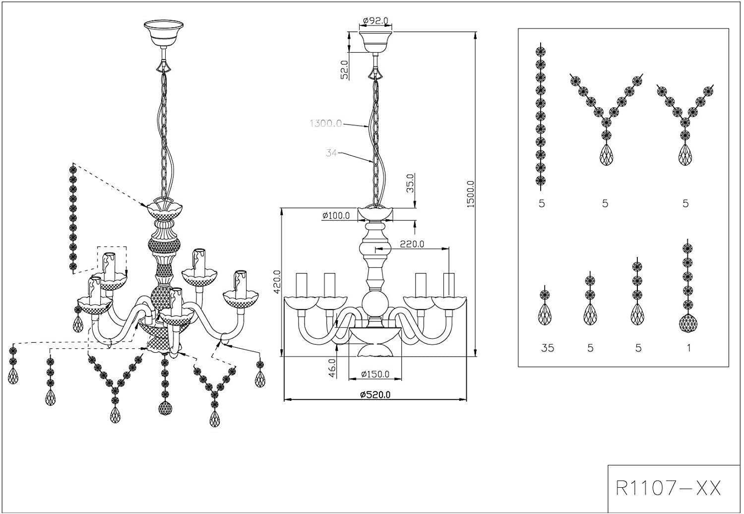 Chandelier 5 Bulbs, Modern Ceiling Light Fixture for Living Room, Dining Room, and Bedroom