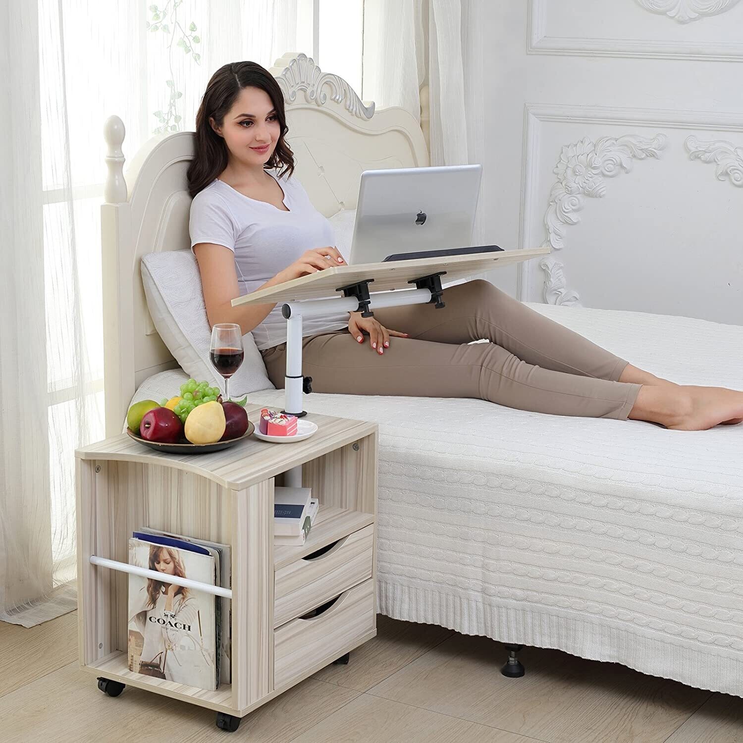 Multifunctional Rotating Solid Wood Bedside Table with Swivel Shelf,  Storage Bedside Table with 2 Drawers, Sofa Side Table, Durable and Easy to Assemble