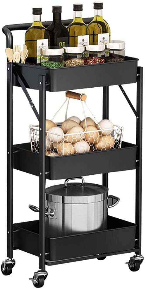 Foldable Tool and Kitchen Trolley with Storage Shelves and Wheels for Easy Mobility and Organization