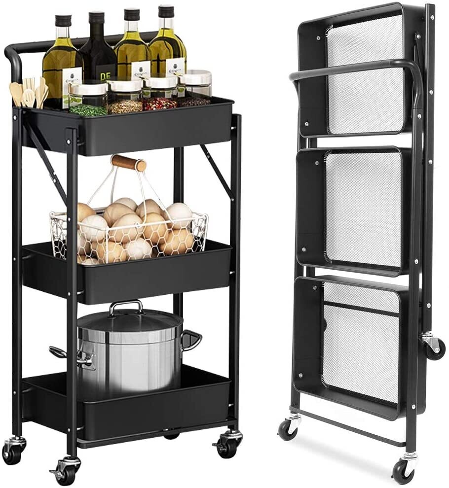 Foldable Tool and Kitchen Trolley with Storage Shelves and Wheels for Easy Mobility and Organization