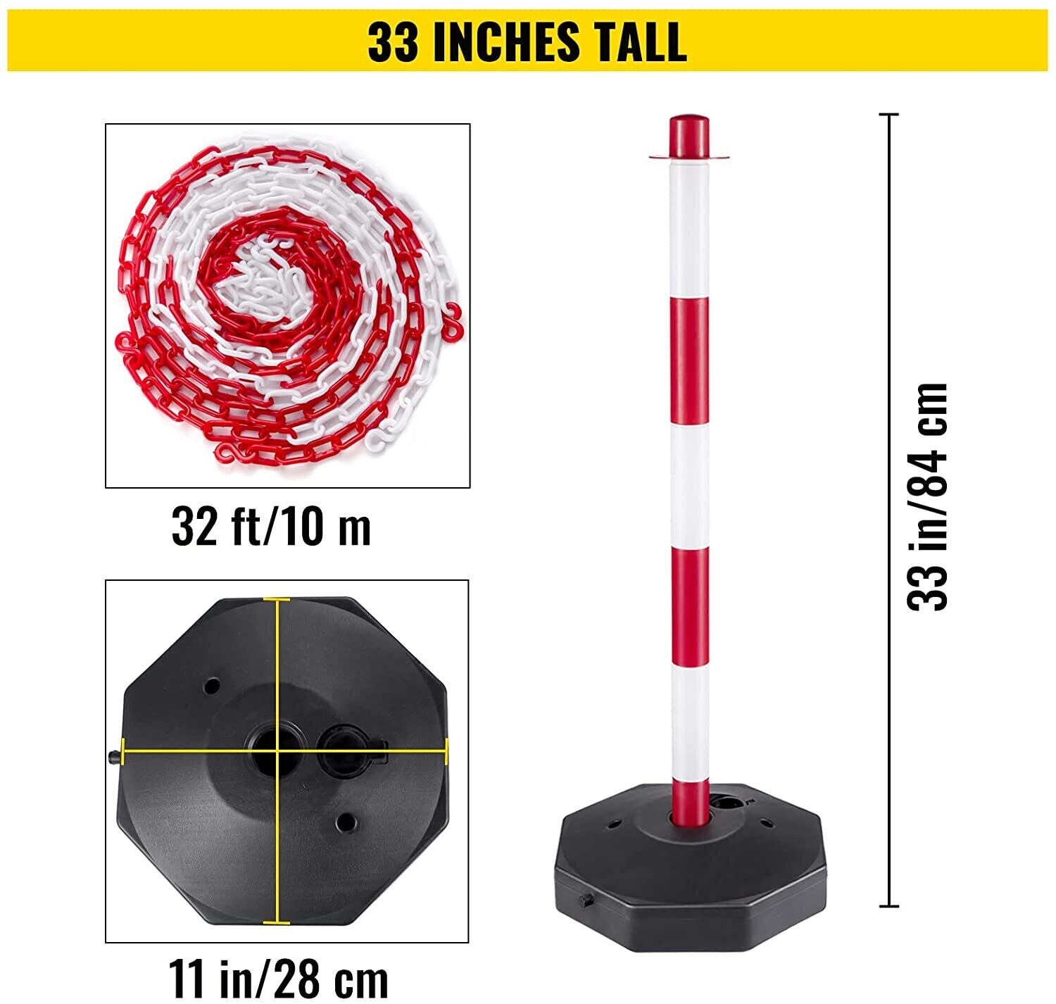 Set of 4 Barrier Posts and 1 Plastic Chain of 10 m Red