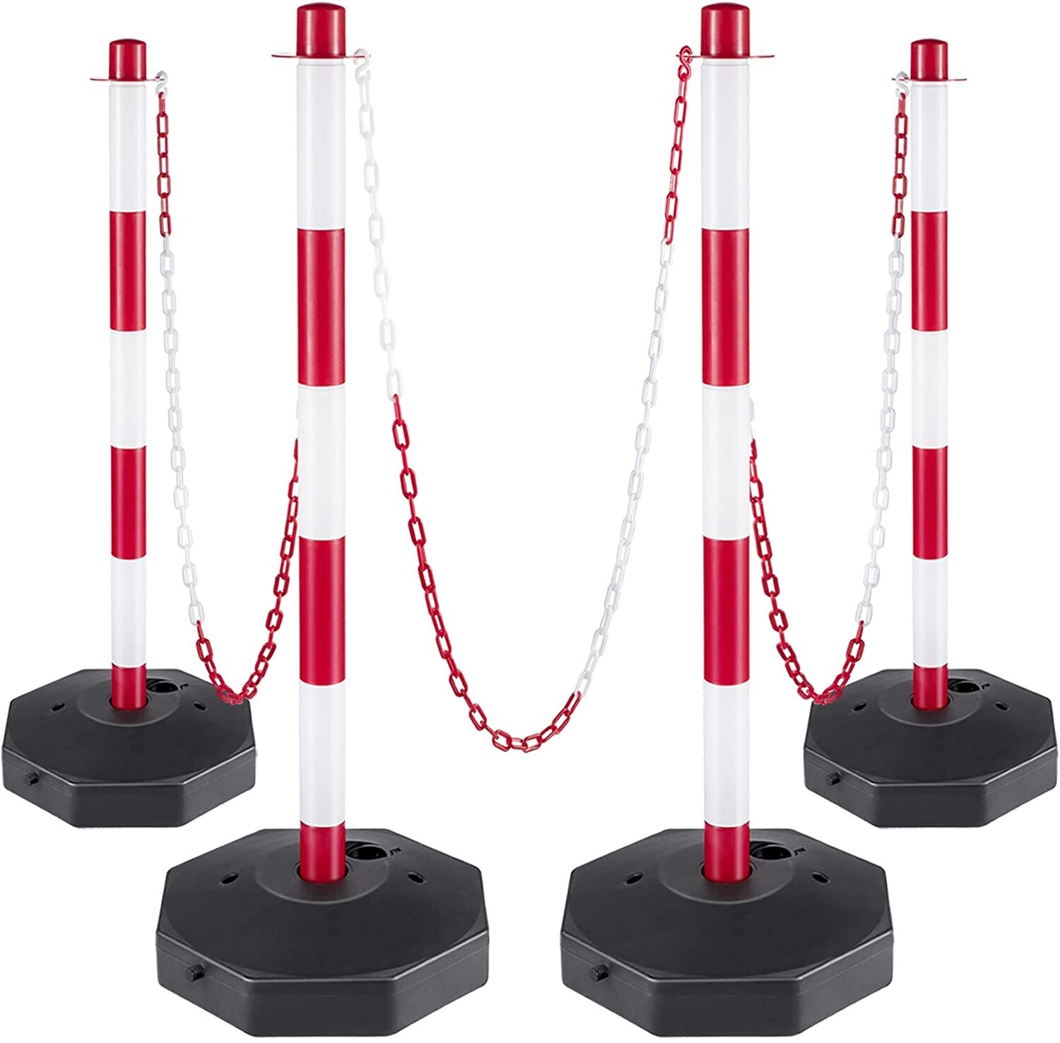 Set of 4 Barrier Posts and 1 Plastic Chain of 10 m Red