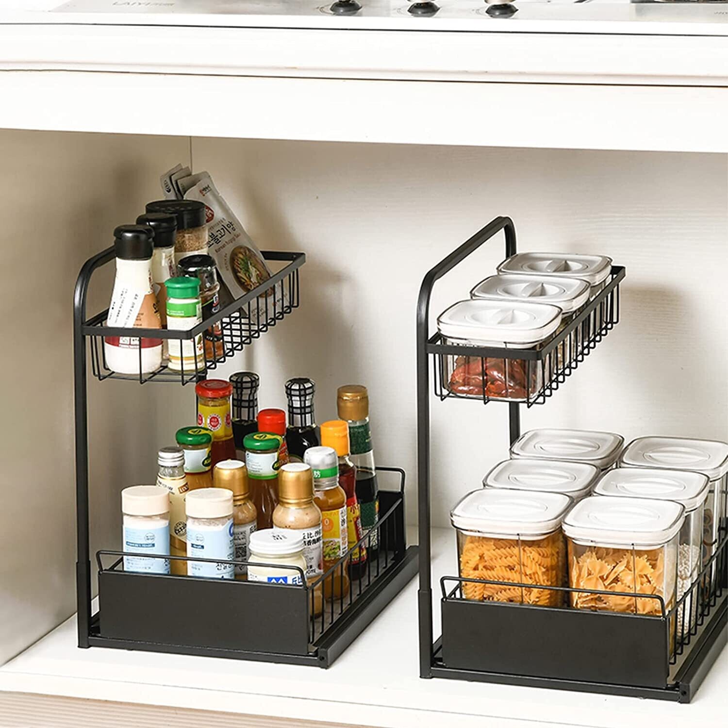 2-Tier Under Sink Storage – L-Shaped Cabinet Organizer for Kitchen, Bathroom, and Bedroom – Space-Saving Storage Solution for Cabinets, Shelves, and Organizing Items