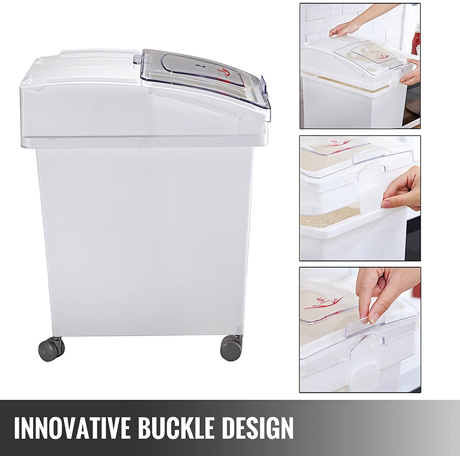 Flour and Rice Storage Containers, 25L Capacity, Set of 3, Airtight Ingredient Bins with Wheels