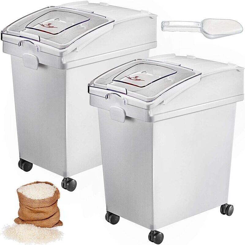 Flour and Rice Storage Containers, 25L Capacity, Set of 3, Airtight Ingredient Bins with Wheels