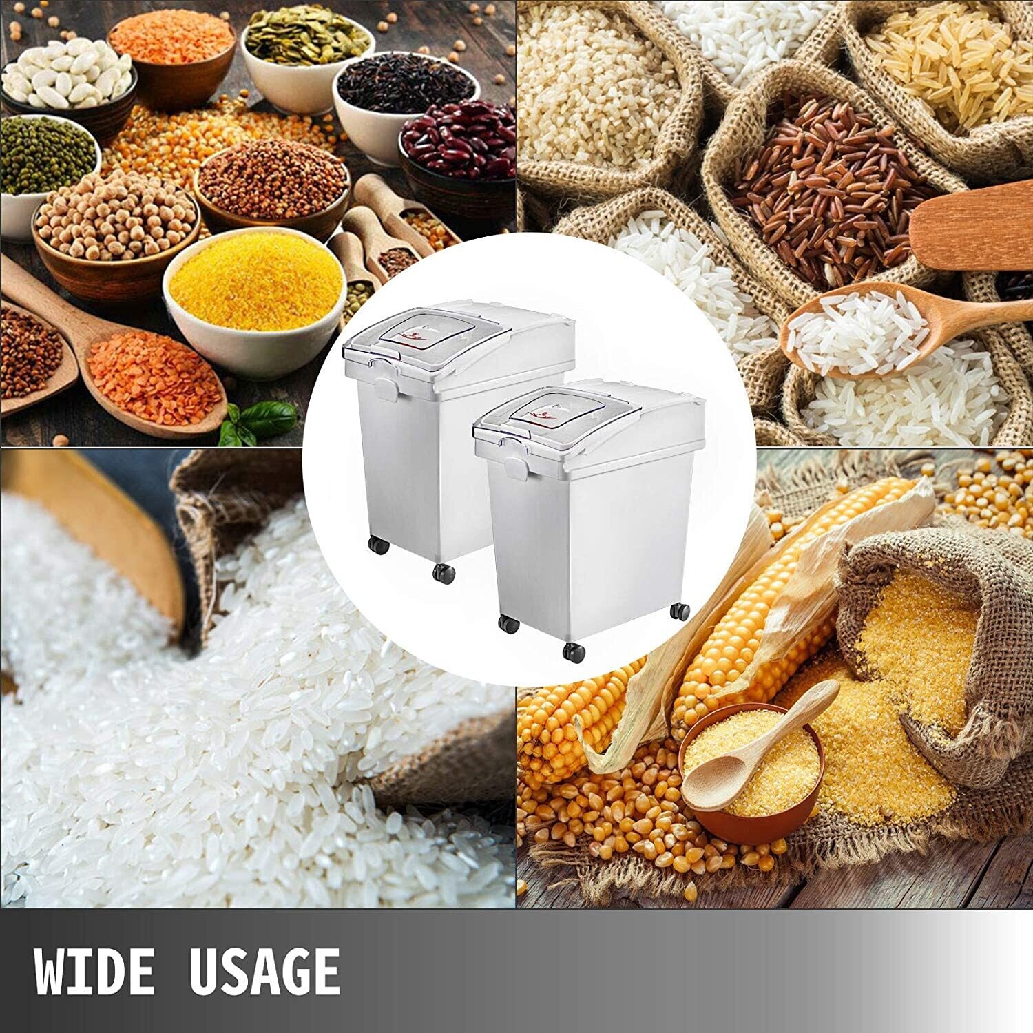 Flour and Rice Storage Containers, 25L Capacity, Set of 3, Airtight Ingredient Bins with Wheels
