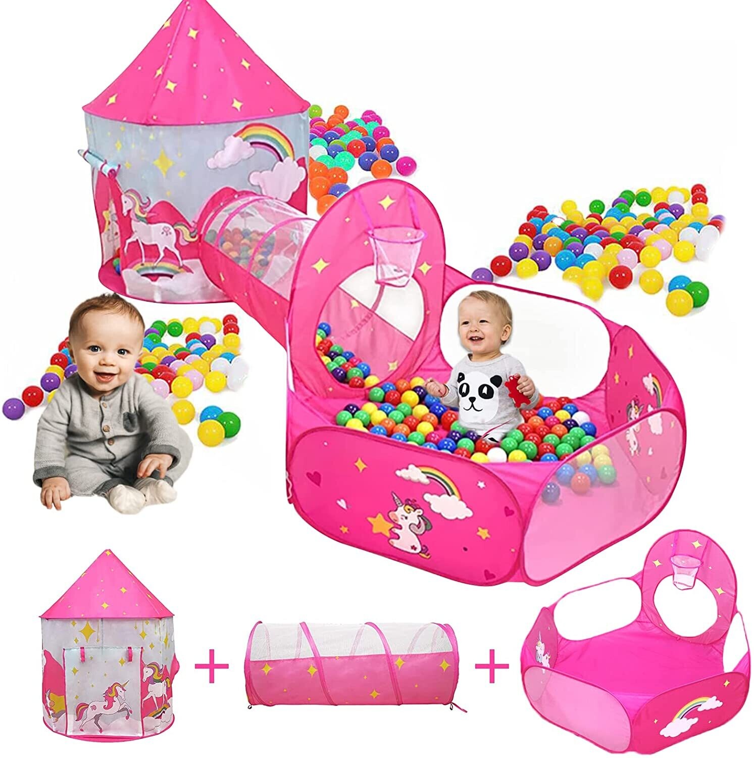 Children&#39;s Play Tent with Tunnel and Ball Pit, Indoor and Outdoor Playhouse for Kids, Fun Toy for Toddlers