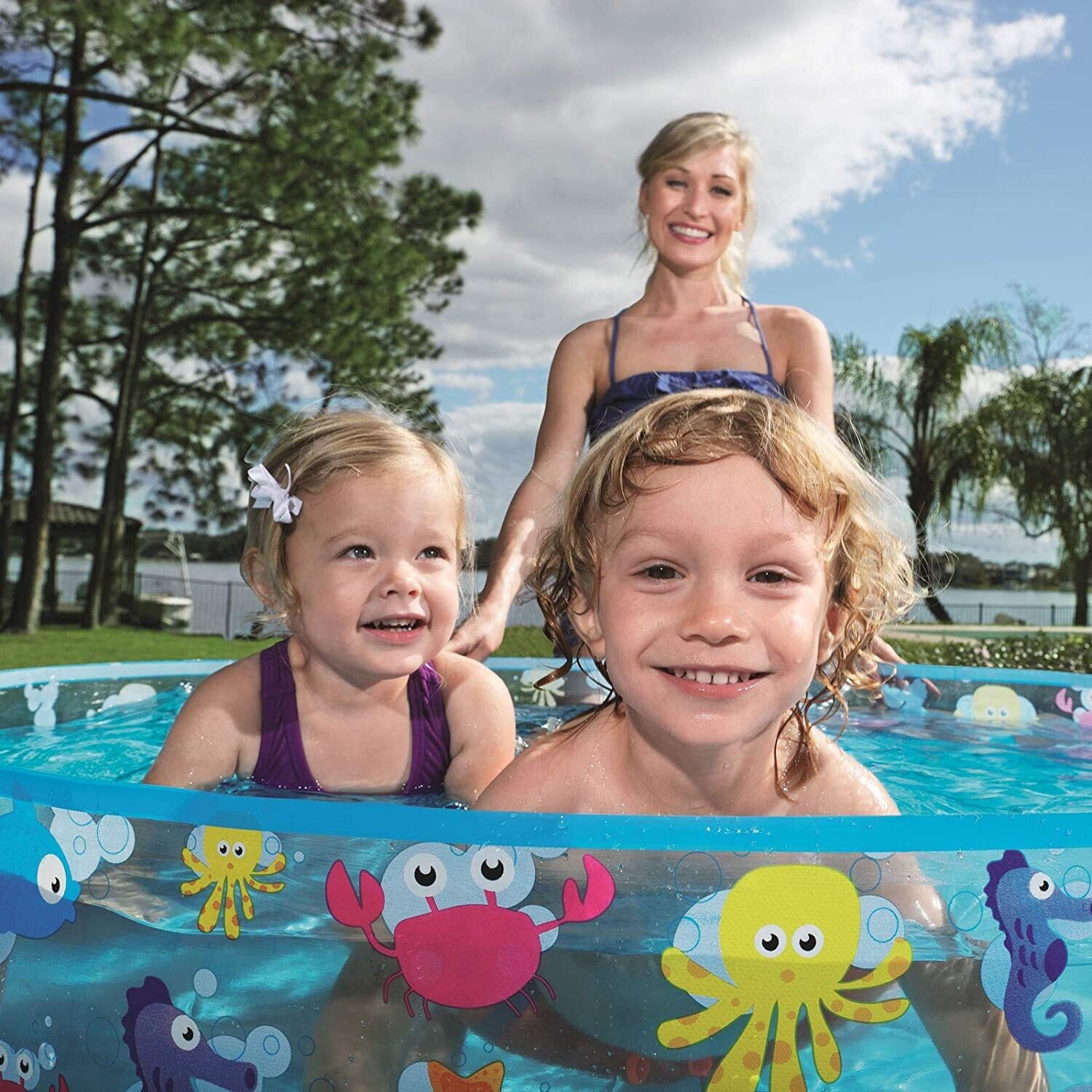 Fill &#39;N Fun Ocean Life Fixed Pool – 122 x 25 cm, Inflatable Kids’ Pool for Backyard Fun