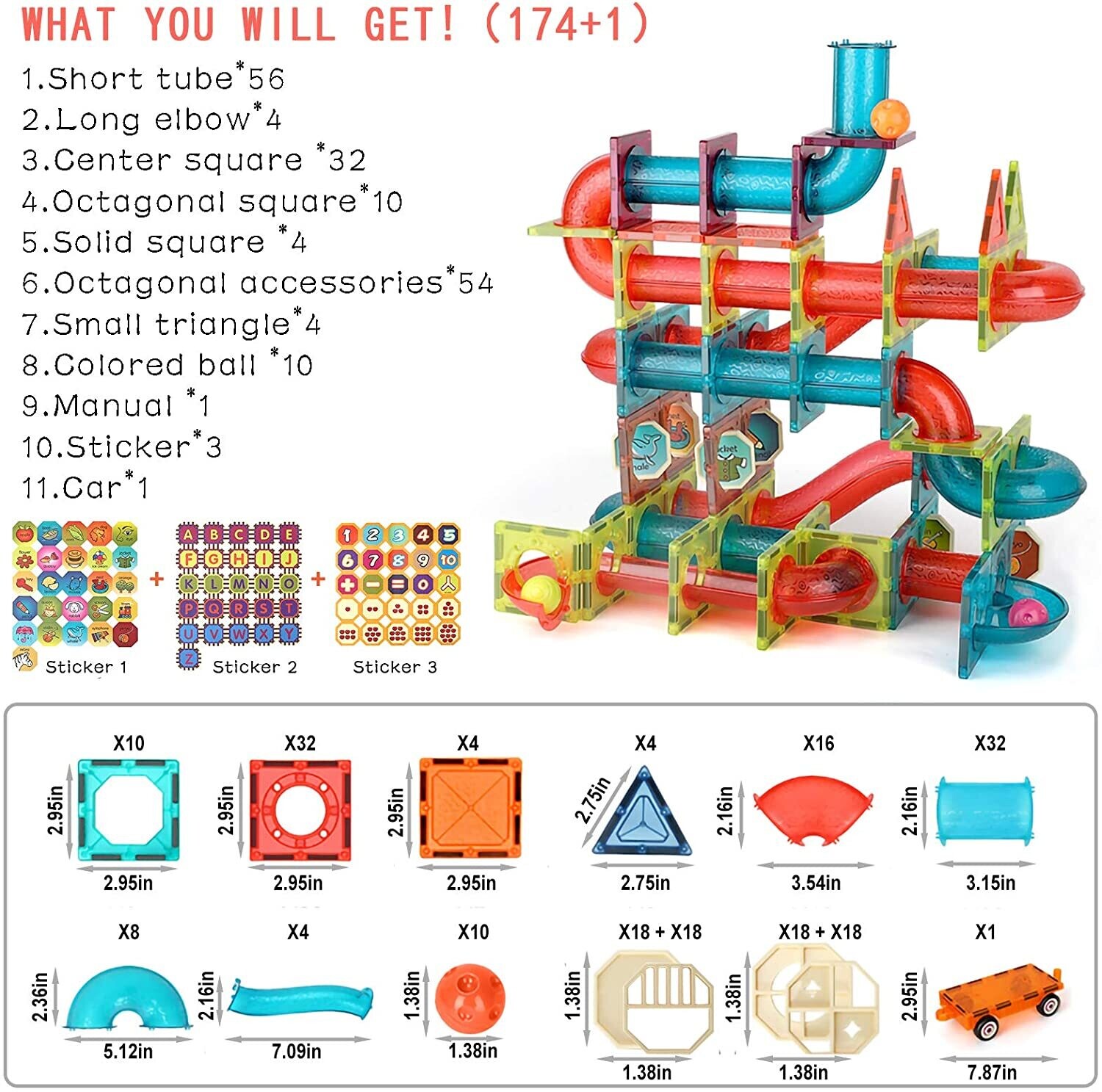 Marble Run Tiles Building Blocks Train Car for Kids 175PCS Pipe 3D