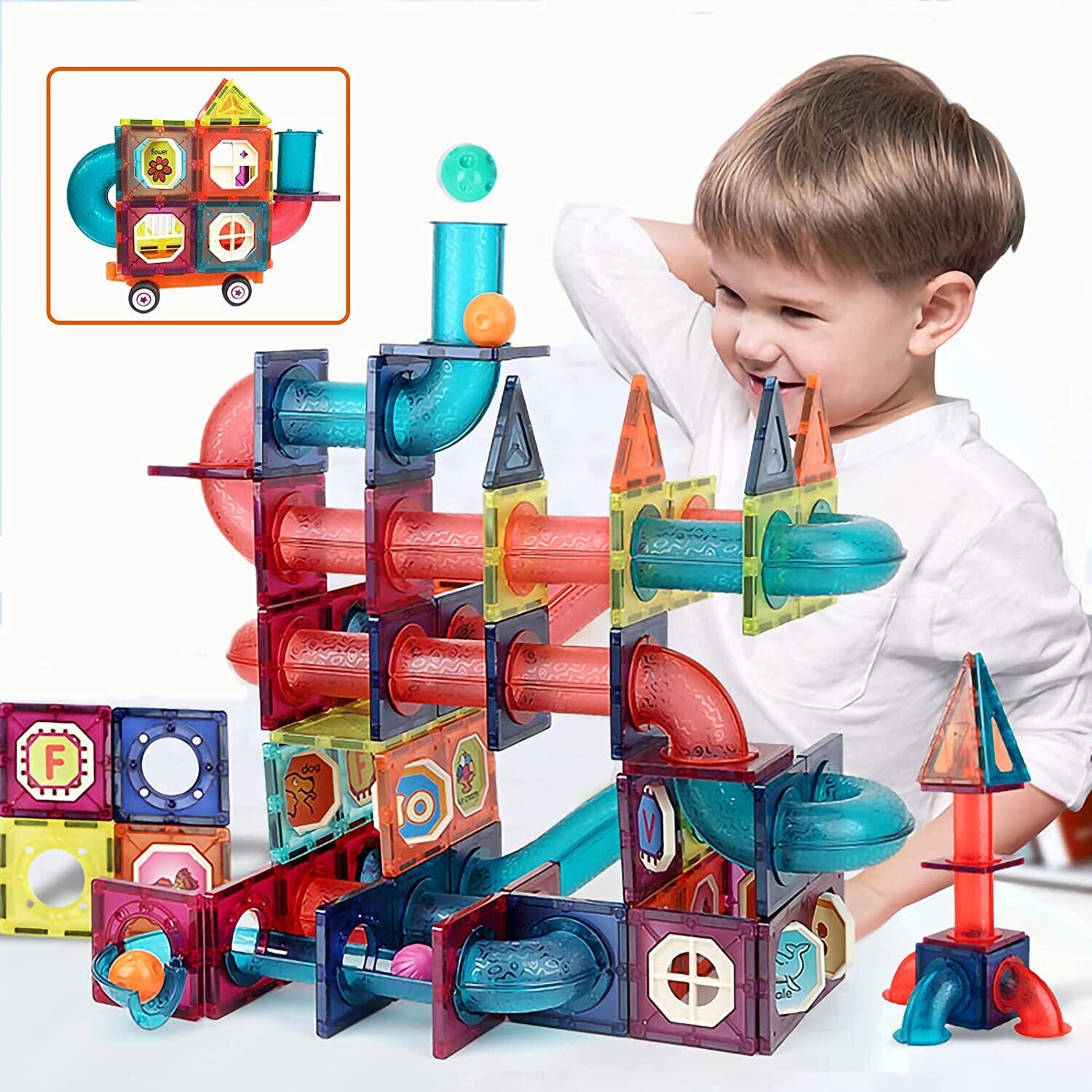 Marble Run Tiles Building Blocks Train Car for Kids 175PCS Pipe 3D