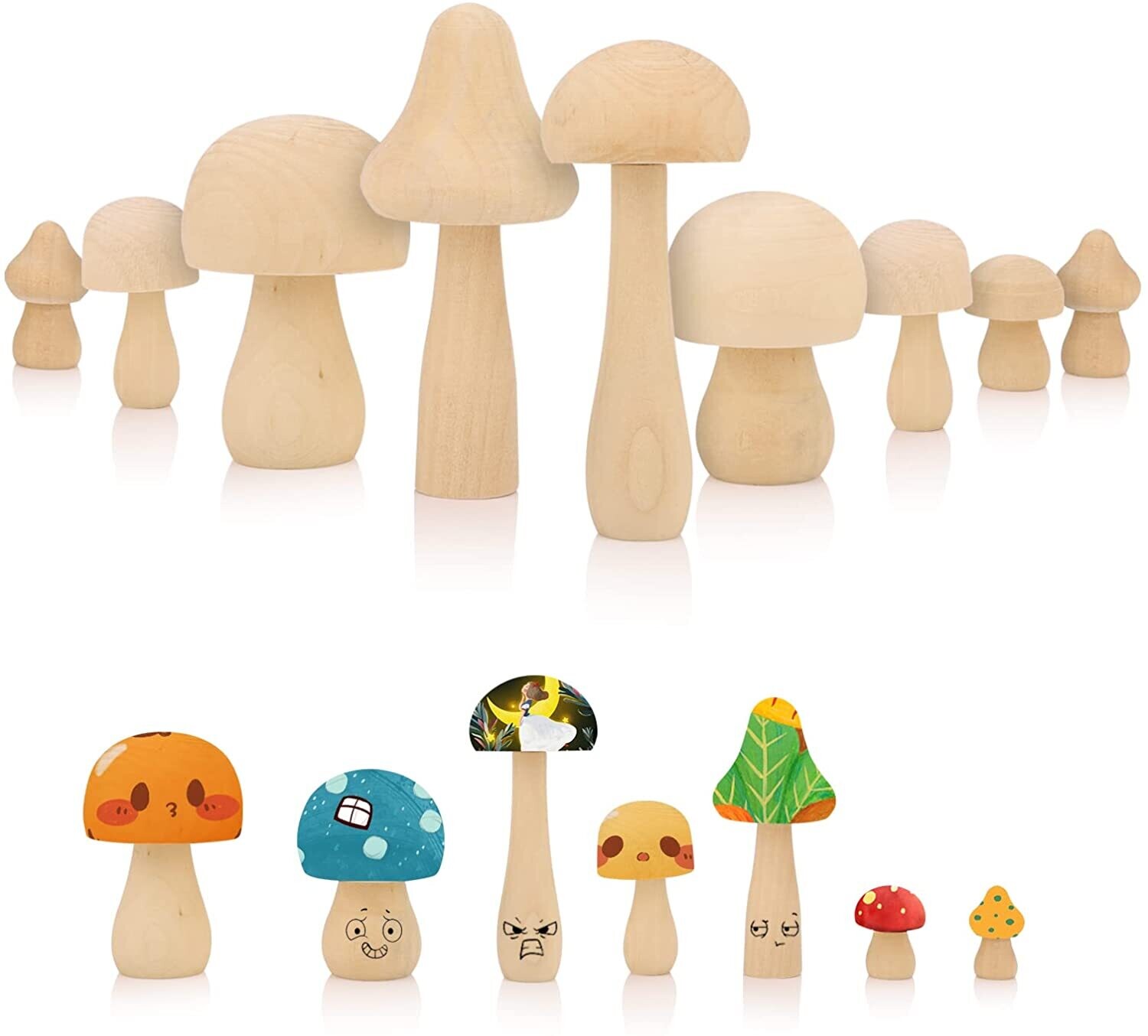 Pack of 9 Wooden Mushrooms