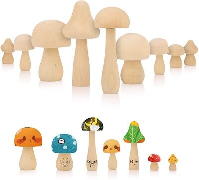 Pack of 9 Wooden Mushrooms