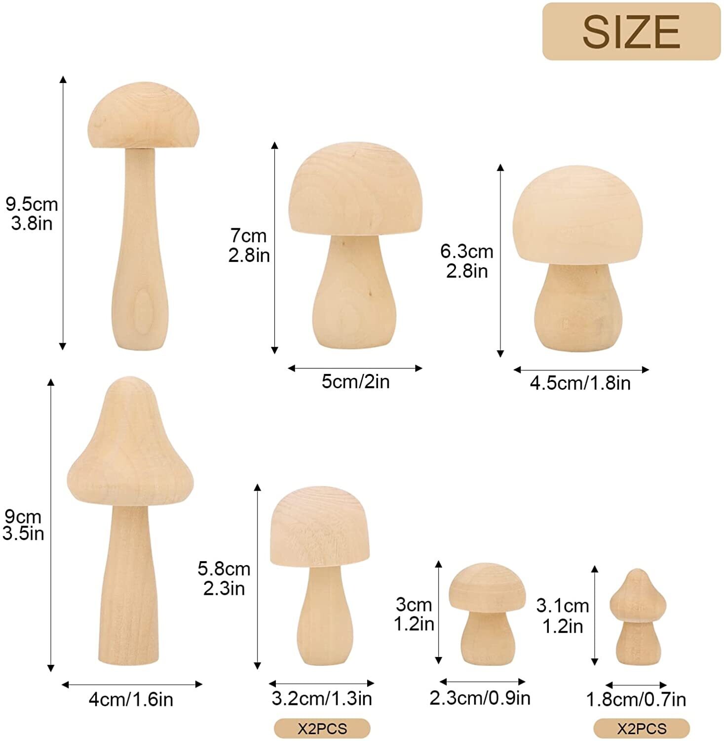 Pack of 9 Wooden Mushrooms