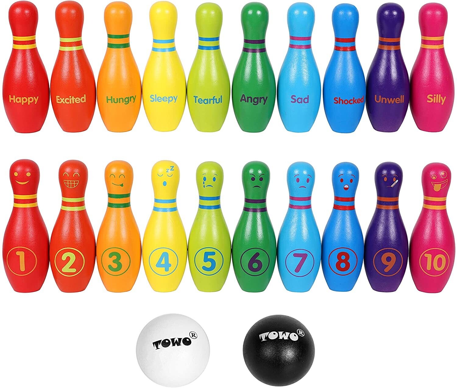 Wooden Skittle Set with Facial Emotions and Numbers Children&#39;s Wooden Bowling Set, Skittles Game for Children, with 12 Pins and 2 Wooden Bowling Balls