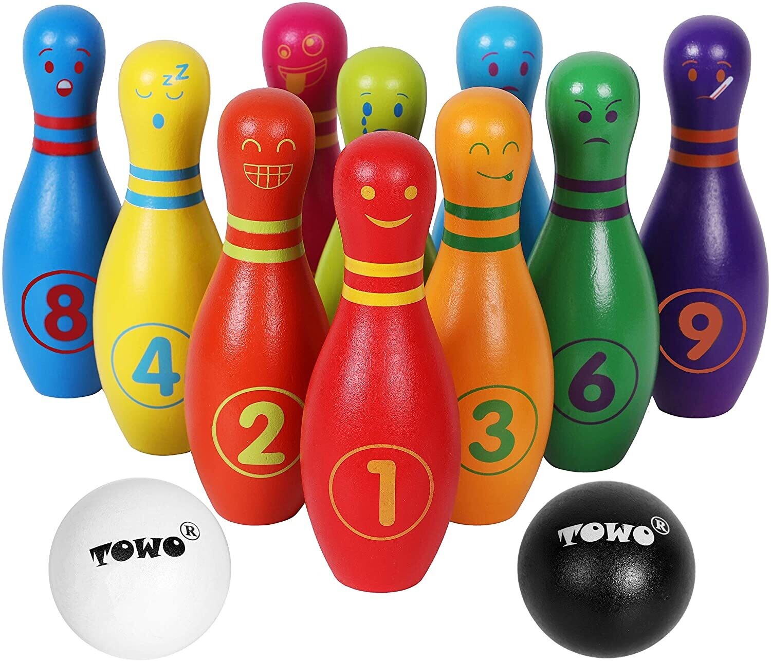 Wooden Skittle Set with Facial Emotions and Numbers - 10 Pin