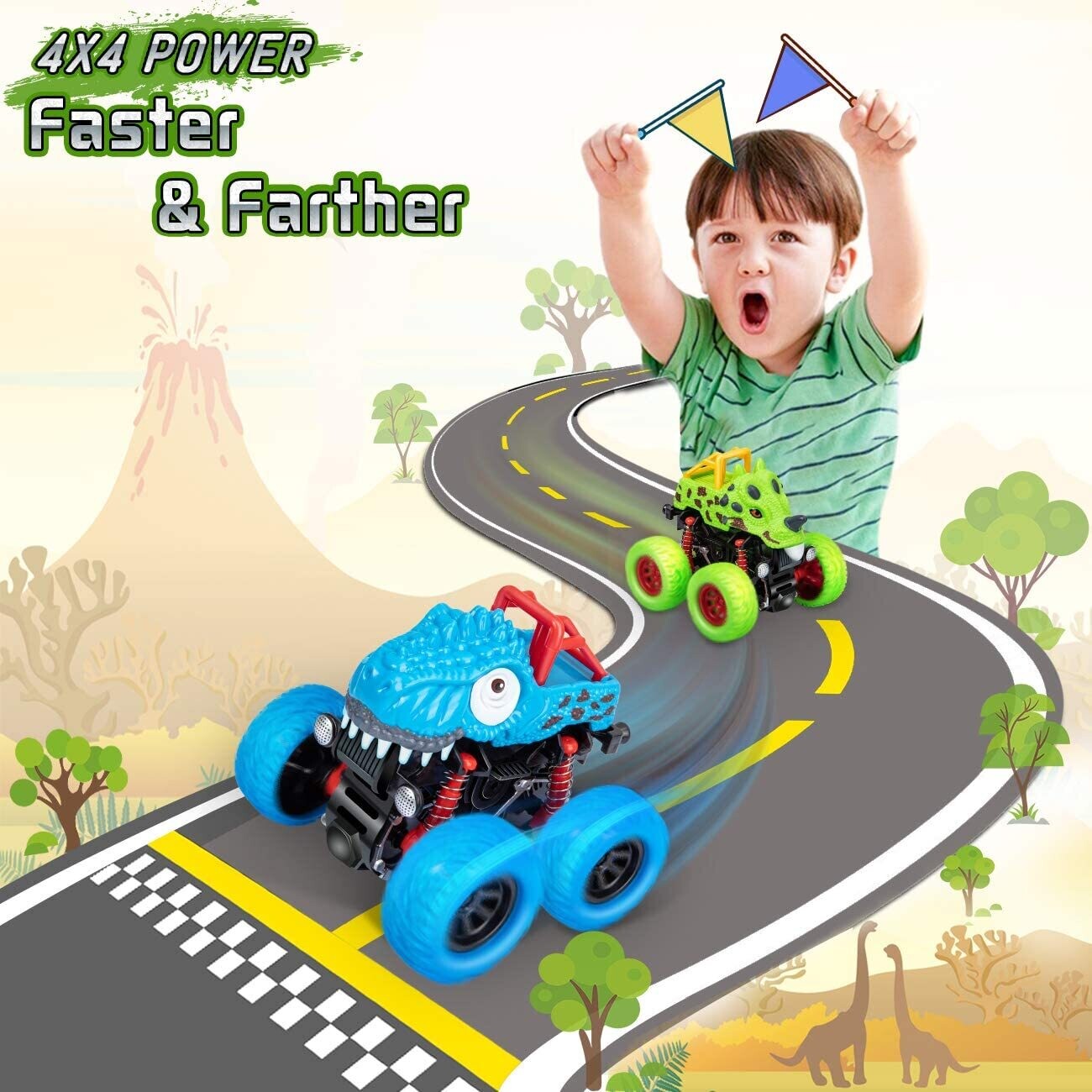 Dinosaur Toys for Boys and Girls Age 2-7+, Rotating Jumping Stunt Car – Interactive Dinosaur-Themed Toy for Fun and Active Play