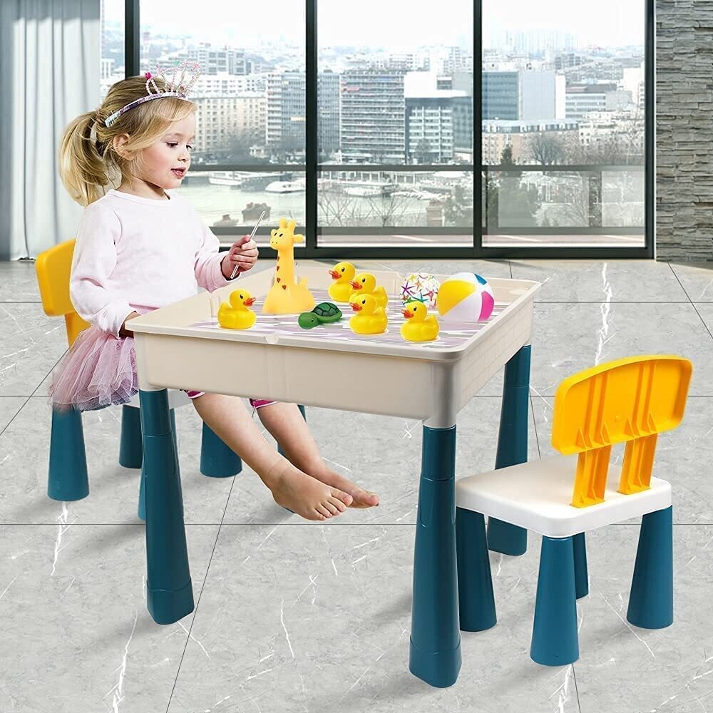 Children&#39;s Table with 2 Chairs, 163-Piece Building Blocks Set, Multifunctional Activity Set for Nursery and Kids Room