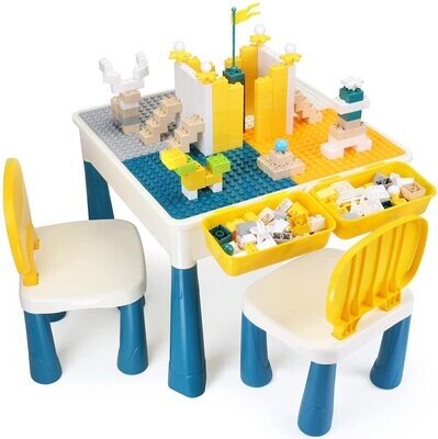 Children&#39;s Table with 2 Chairs, 163-Piece Building Blocks Set, Multifunctional Activity Set for Nursery and Kids Room