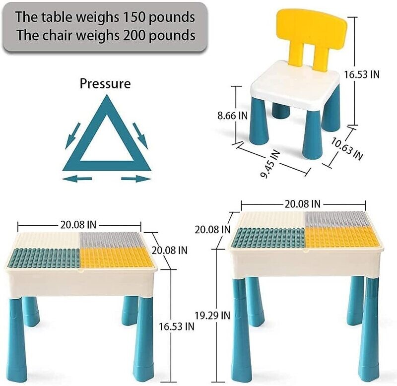 Children&#39;s Table with 2 Chairs | 163-Piece Building Blocks Multifunctional Activity Set for Nursery and Children&#39;s Room