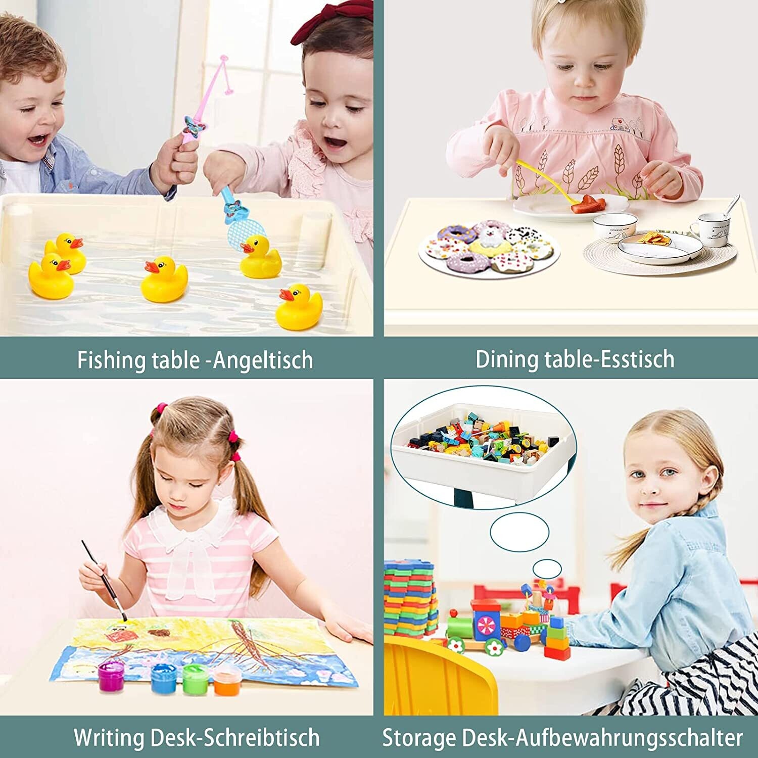 Children&#39;s Table with 2 Chairs, 163-Piece Building Blocks Set, Multifunctional Activity Set for Nursery and Kids Room