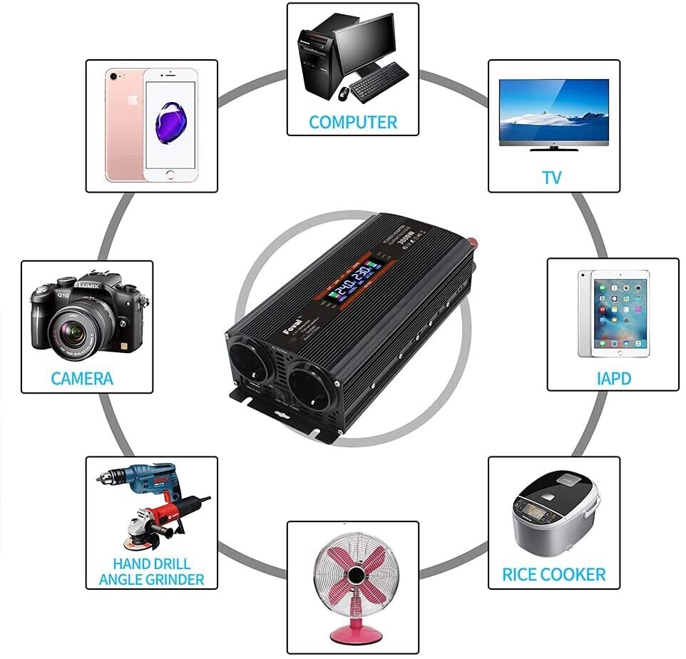Voltage Converter 24 V 230 V 1500 W / 3000 W Inverter Power Converter with 4 Fuses