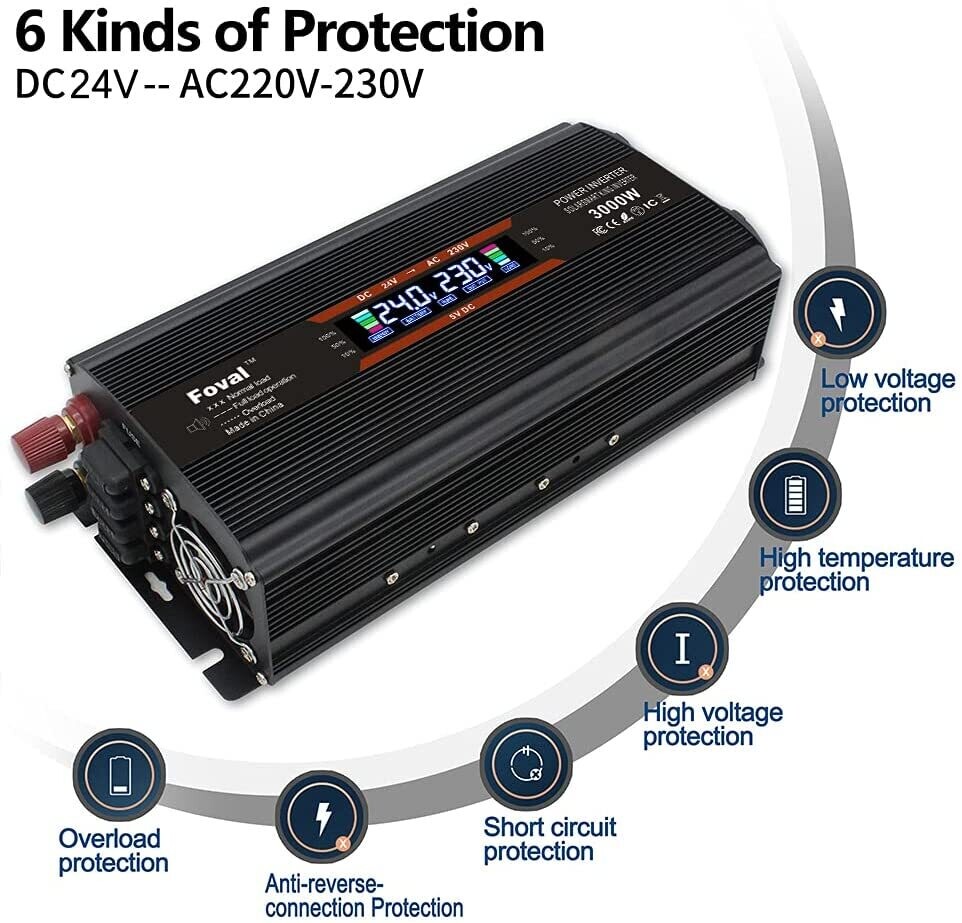 Voltage Converter 24 V 230 V 1500 W / 3000 W Inverter Power Converter with 4 Fuses