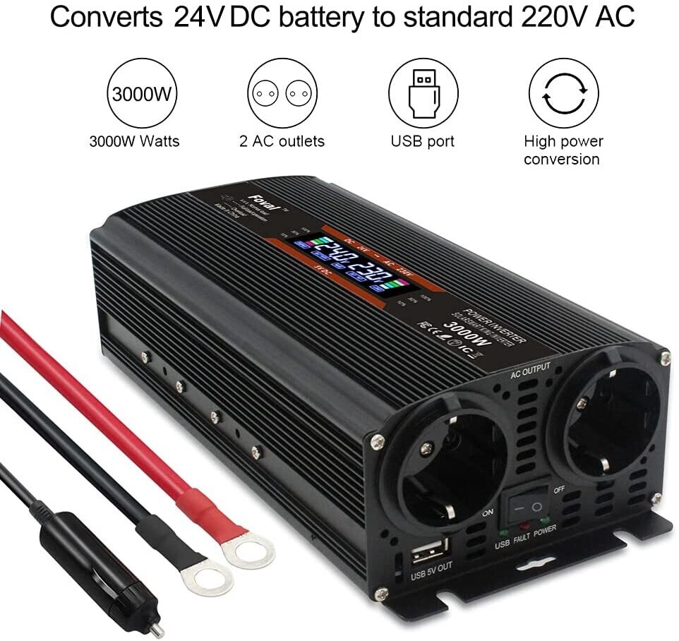 Voltage Converter 24 V 230 V 1500 W / 3000 W Inverter Power Converter with 4 Fuses