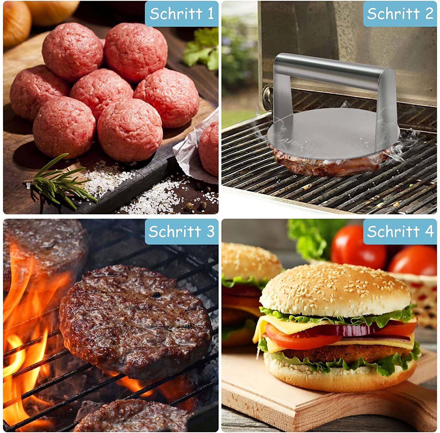 Burger Press Stainless Steel – Premium Heavy Duty Patty Maker for Perfectly Shaped Hamburgers, Non-Stick, Easy to Use, Ideal for BBQs and Grilling
