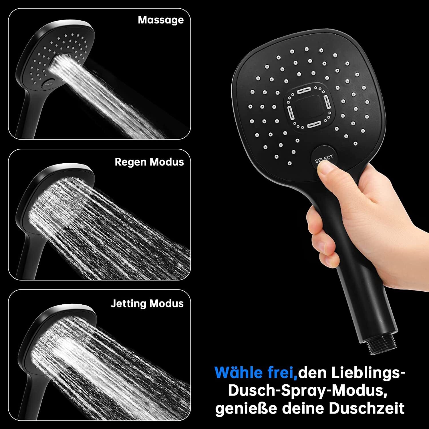 Handheld Shower Head Rain Shower with 3 Jet Types