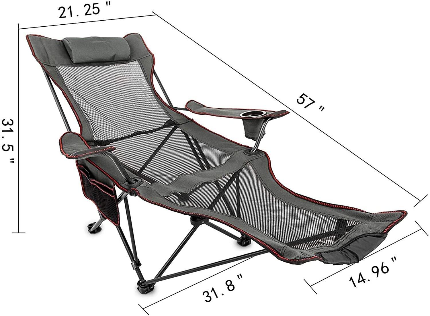 Foldable Grey Garden Chair with Foot Rest, Adjustable Recliner, Outdoor Patio Lounge Chair 168 x 56 x 69 cm