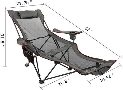 Foldable Grey Garden Chair with Foot Rest, Adjustable Recliner, Outdoor Patio Lounge Chair 168 x 56 x 69 cm
