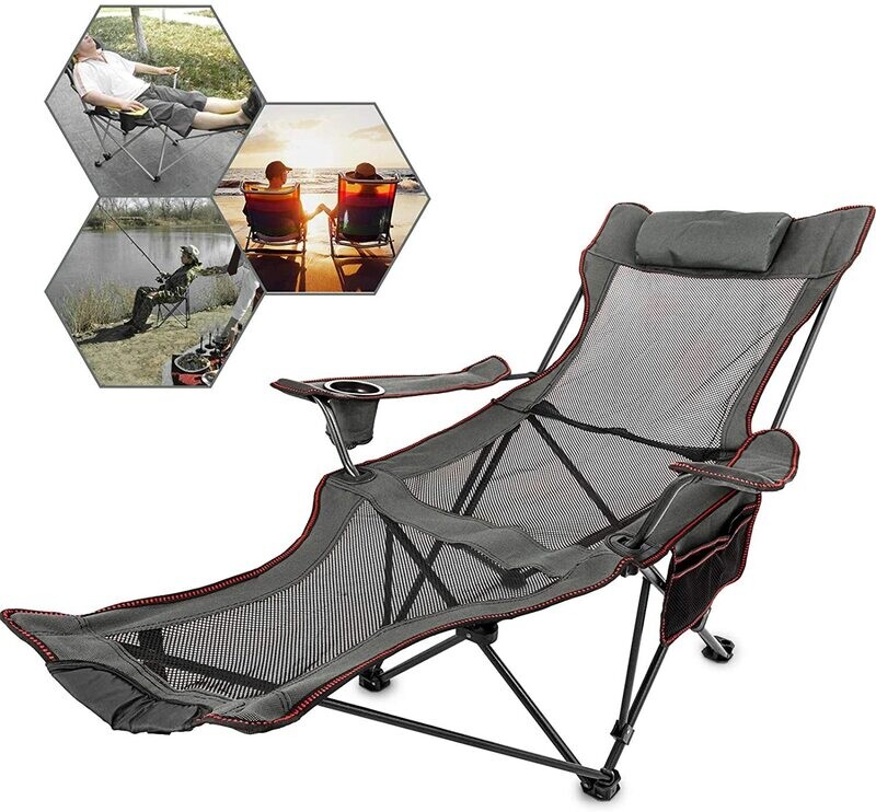Foldable Grey Garden Chair with Foot Rest, Adjustable Recliner, Outdoor Patio Lounge Chair 168 x 56 x 69 cm