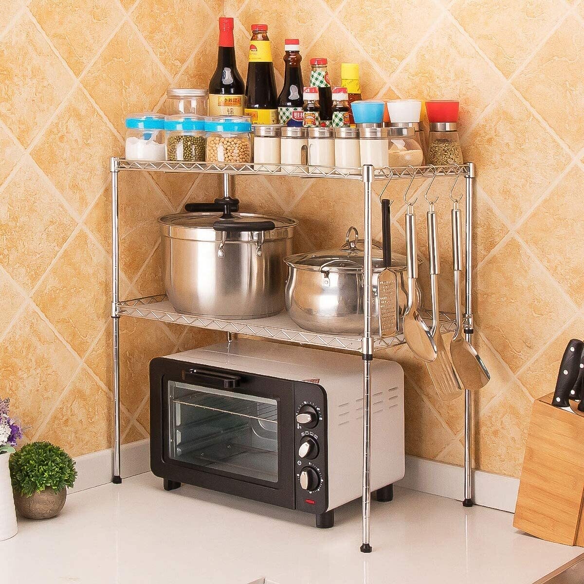 Adjustable Kitchen Shelf with 4 Hooks Metal