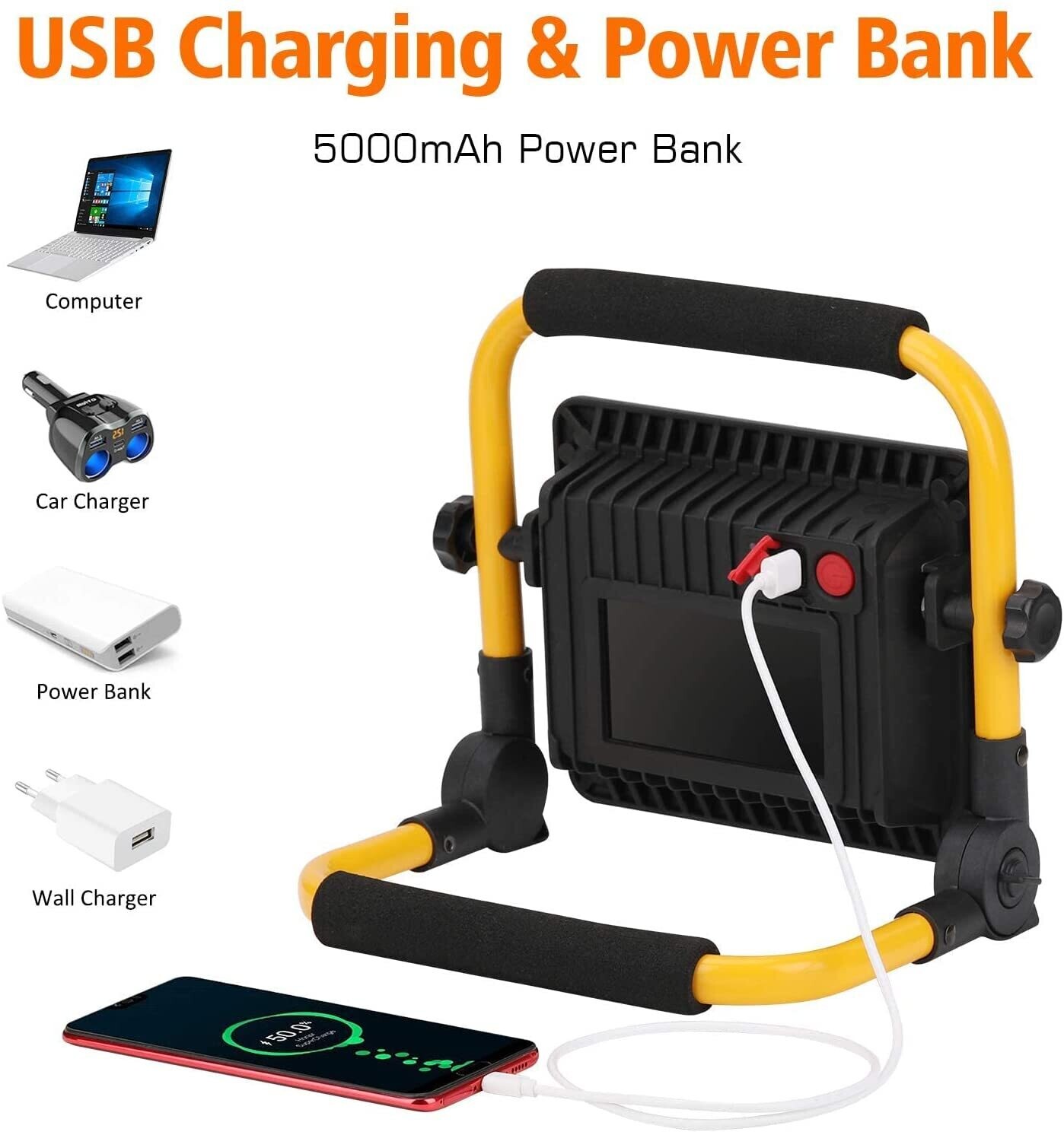 Construction Spotlight LED Battery Powered, Portable LED Work Light, Rechargeable Outdoor Spotlight, Waterproof LED Construction Light for Job Sites and Outdoor Use