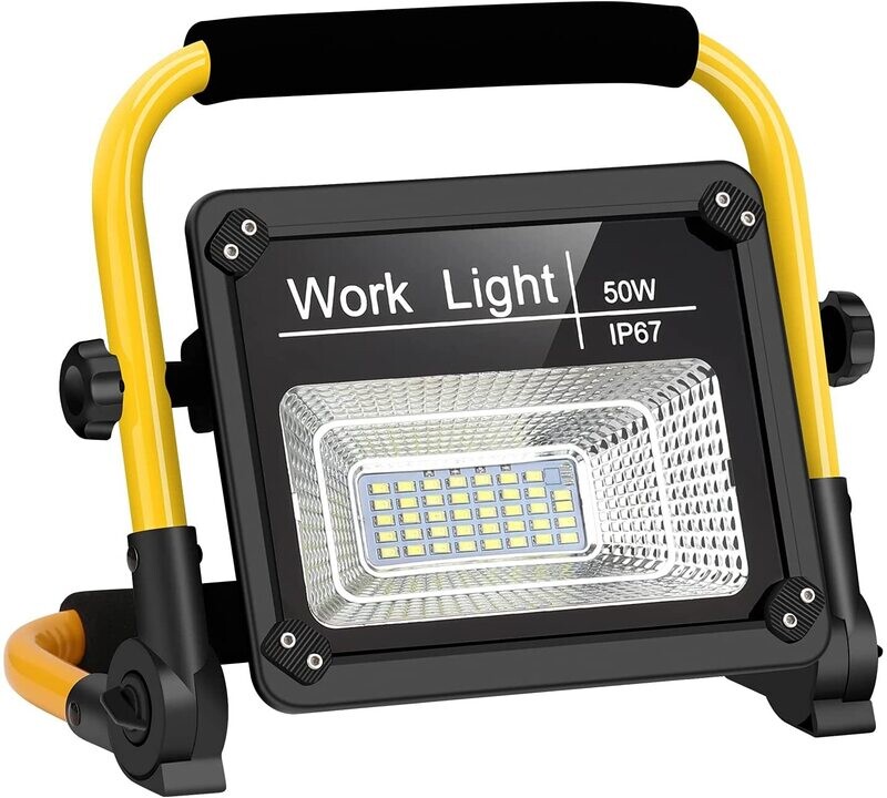 Construction Spotlight LED Battery Powered, Portable LED Work Light, Rechargeable Outdoor Spotlight, Waterproof LED Construction Light for Job Sites and Outdoor Use