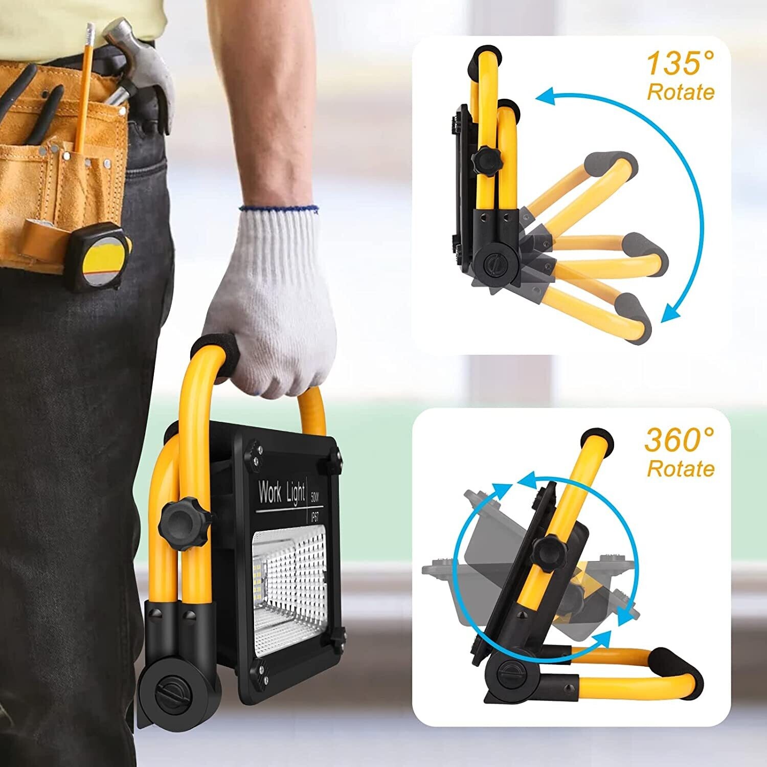 Construction Spotlight LED Battery Powered, Portable LED Work Light, Rechargeable Outdoor Spotlight, Waterproof LED Construction Light for Job Sites and Outdoor Use