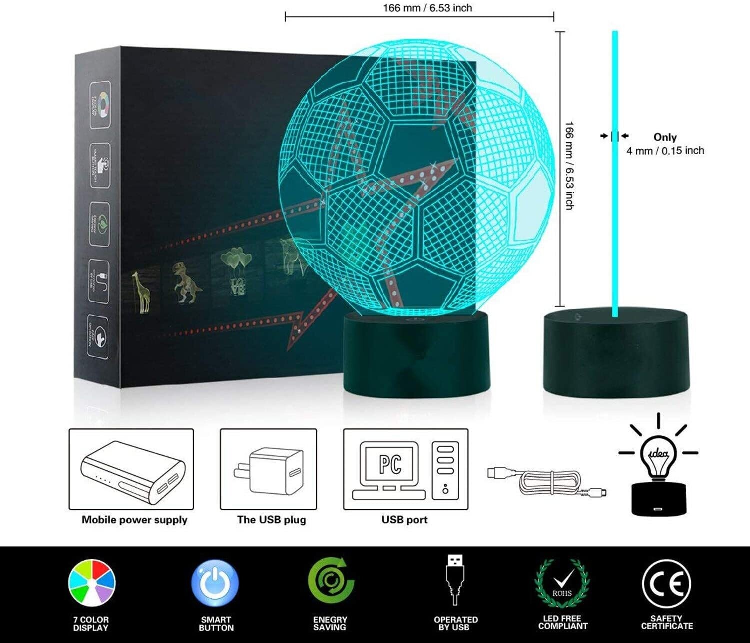Football 3D Optical Illusion Night Lamp with LED Lights for Bedroom Decor and Gift Ideas