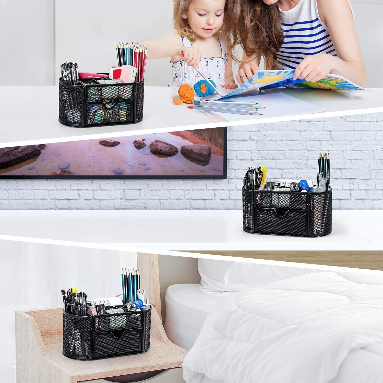 Mesh Desk Tidy &amp; Pen Holder with 8 Compartments and 1 Drawer