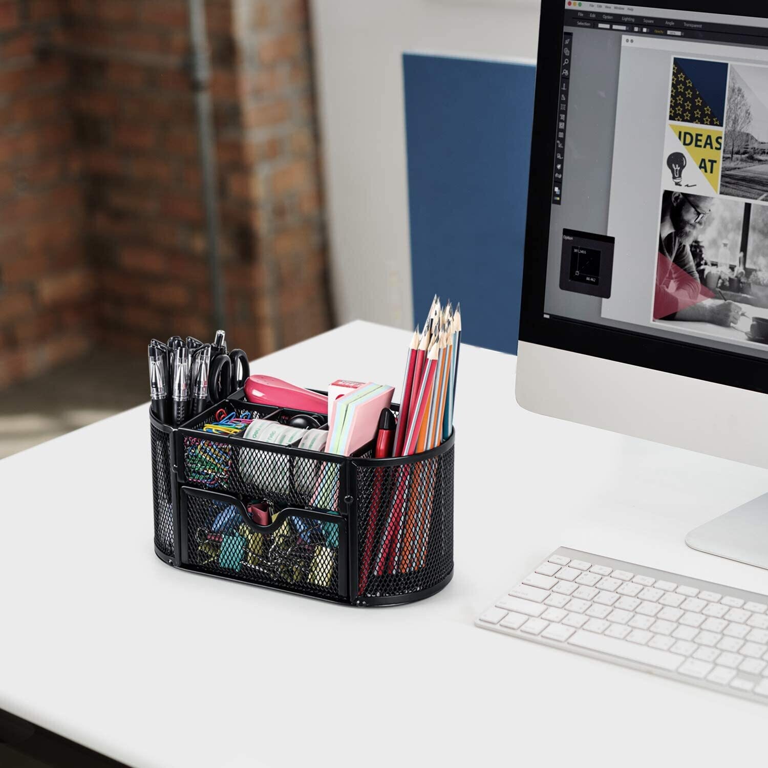 Mesh Desk Tidy &amp; Pen Holder with 8 Compartments and 1 Drawer