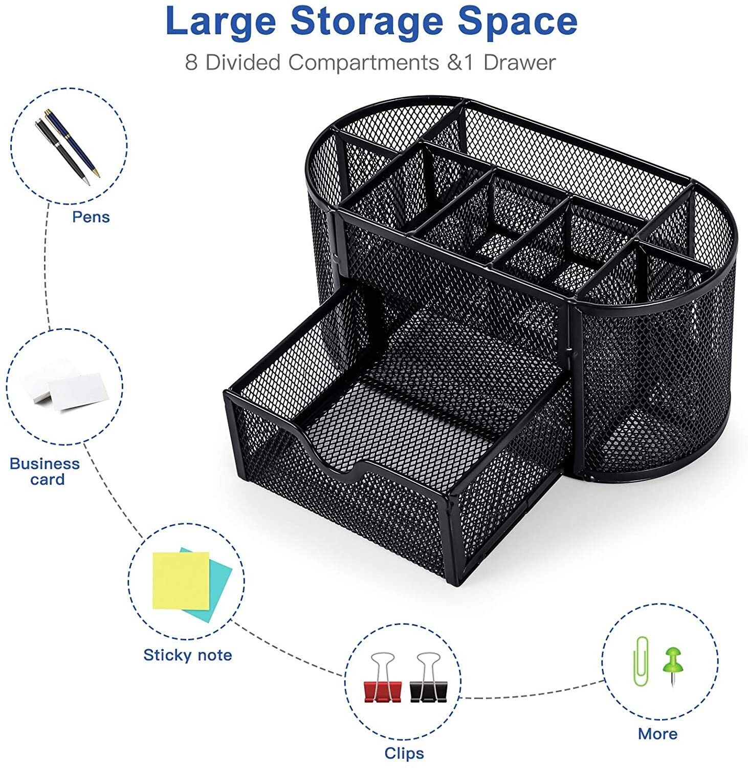 Mesh Desk Tidy &amp; Pen Holder with 8 Compartments and 1 Drawer