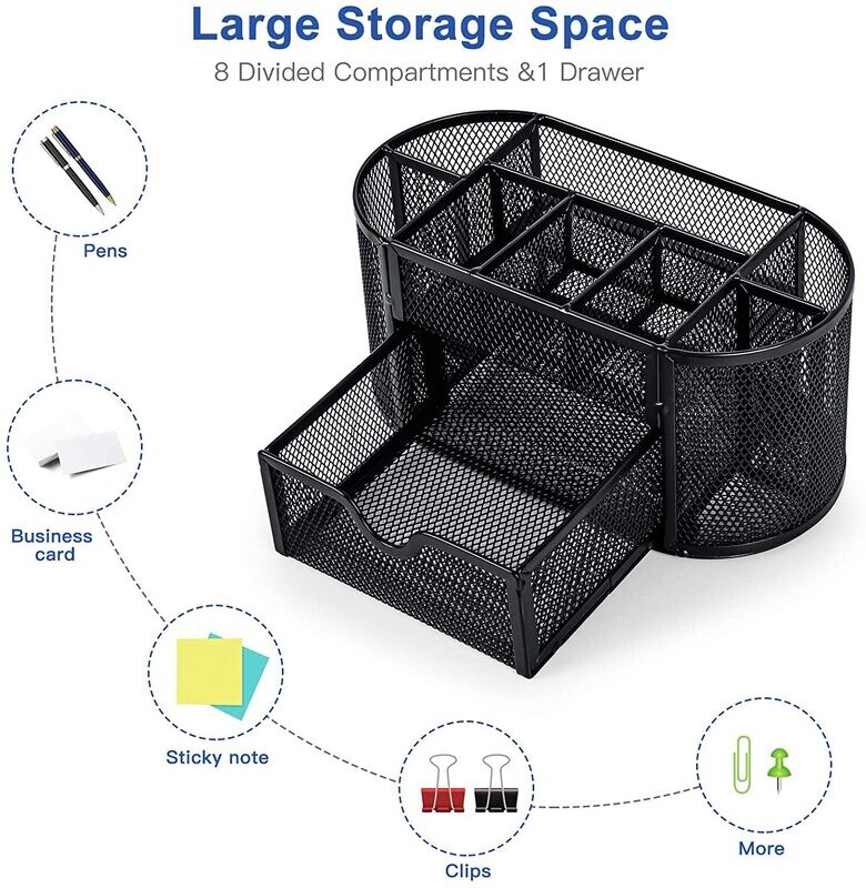 Mesh Desk Tidy &amp; Pen Holder with 8 Compartments and 1 Drawer